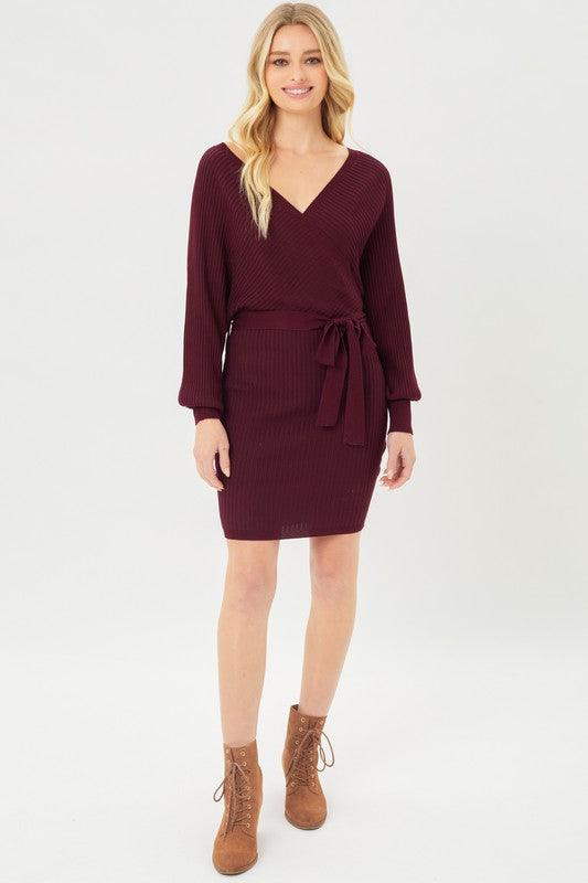 V-Neck Wrap Belted Ribbed Knit Dress - Dresses