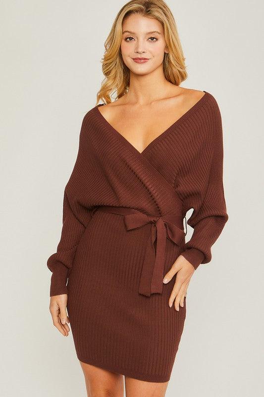 V-Neck Wrap Belted Ribbed Knit Dress - Dresses