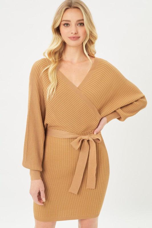 V-Neck Wrap Belted Ribbed Knit Dress - Dresses