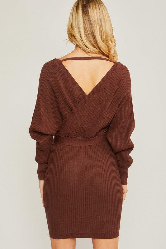 V-Neck Wrap Belted Ribbed Knit Dress - Dresses