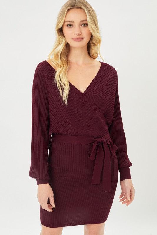 V-Neck Wrap Belted Ribbed Knit Dress - Dresses