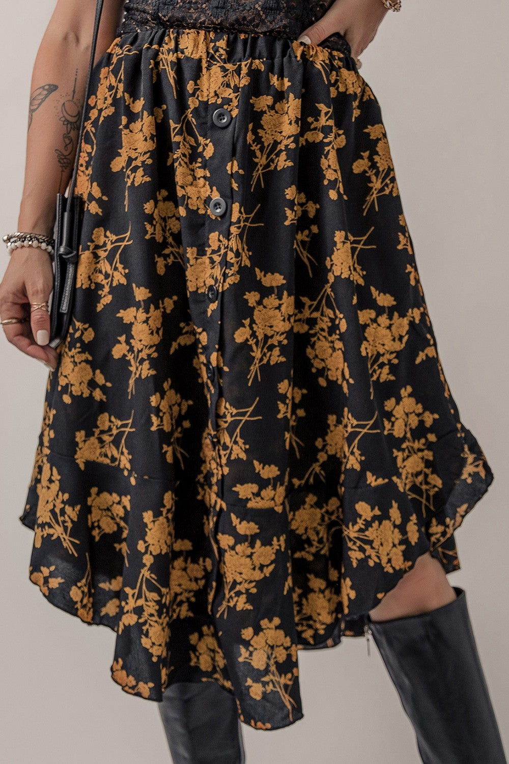 Floral Buttoned Ruffle Hem Midi Skirt