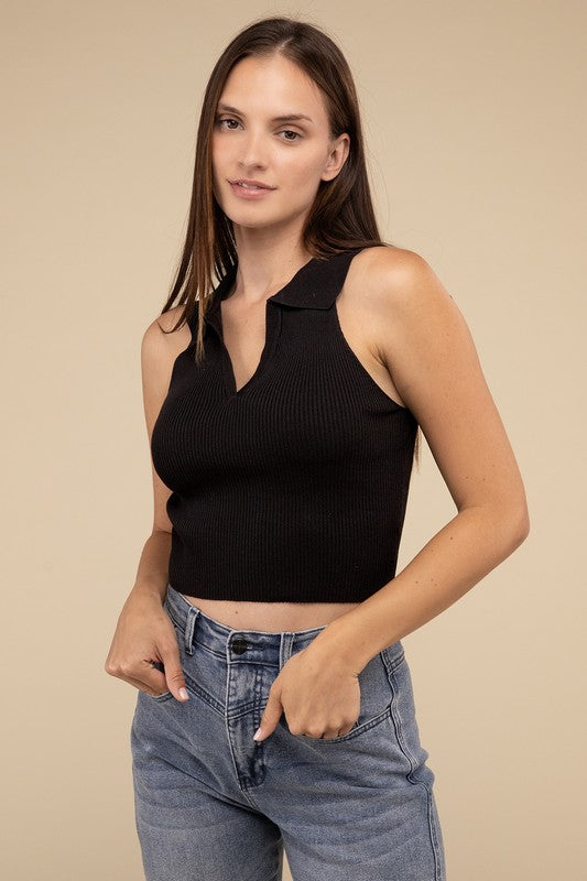 HYFVE Sleeveless Collared Crop Knit Top