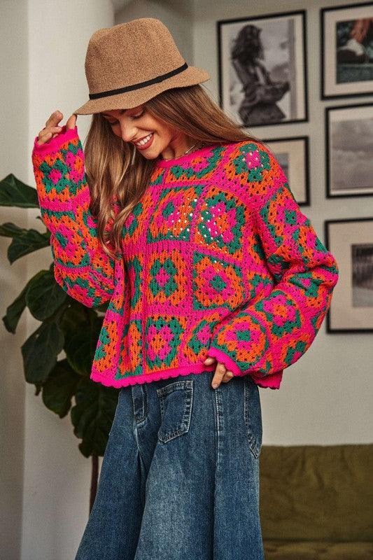 Crochet Patchwork Round Neck Pullover Sweater - Sweater