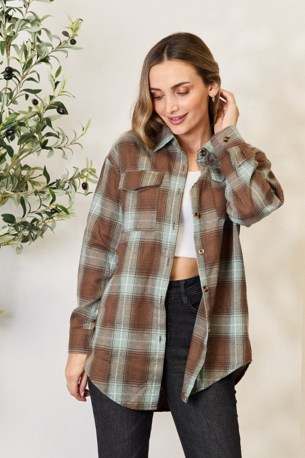 Double Take Plaid Dropped Shoulder Shacket