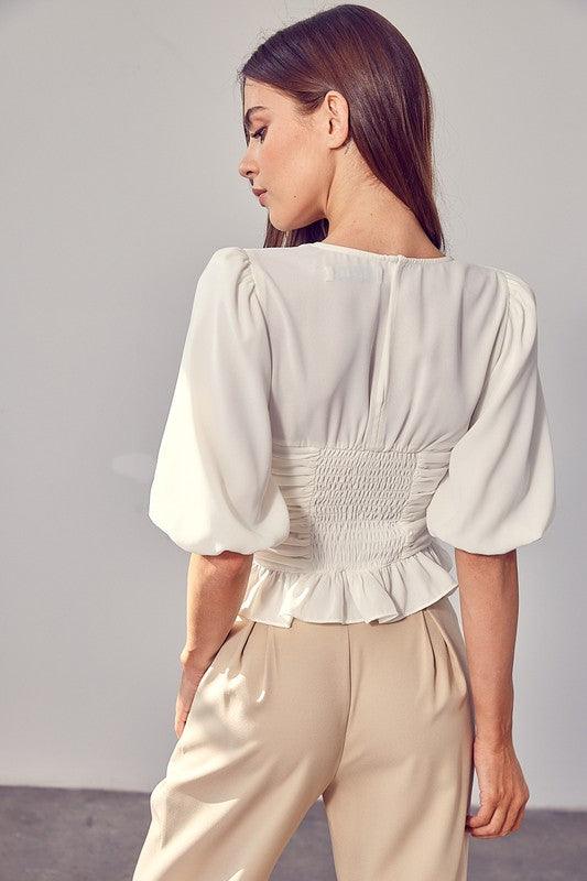 Puff Sleeve Cinched Blouse - Blouse