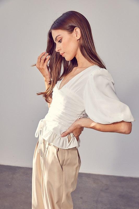 Puff Sleeve Cinched Blouse - Blouse