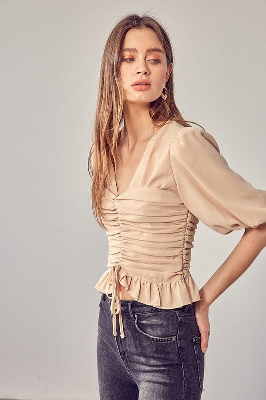 Puff Sleeve Cinched Blouse - Blouse