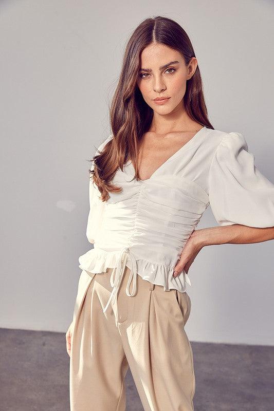 Puff Sleeve Cinched Blouse - Blouse