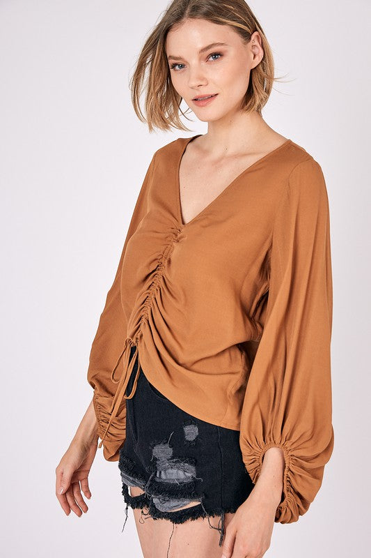 Mustard Seed Front Tie Shirring Top