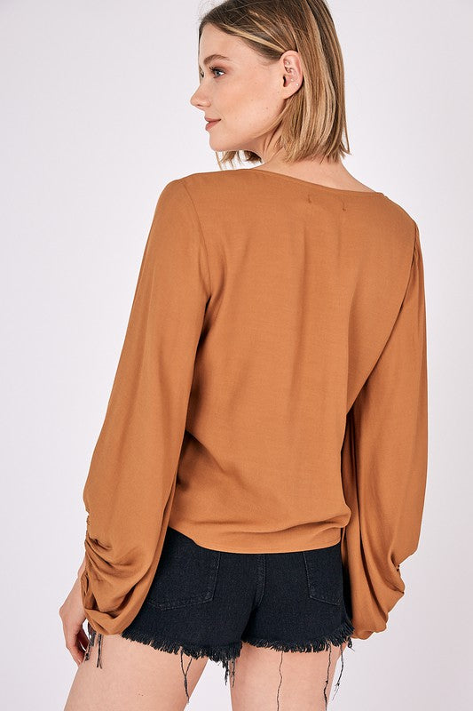 Mustard Seed Front Tie Shirring Top