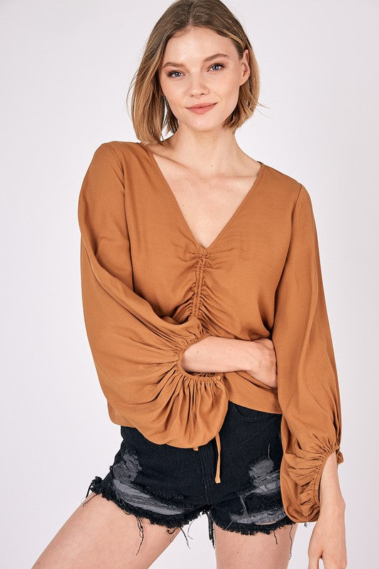 Mustard Seed Front Tie Shirring Top