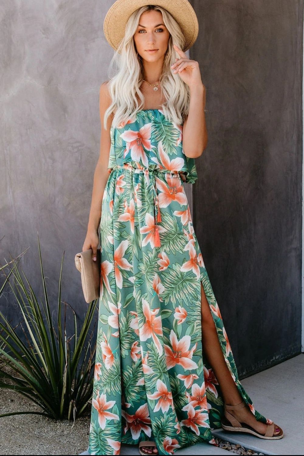 Slit Tropical Floral Sleeveless Strapless Maxi Tube Dress