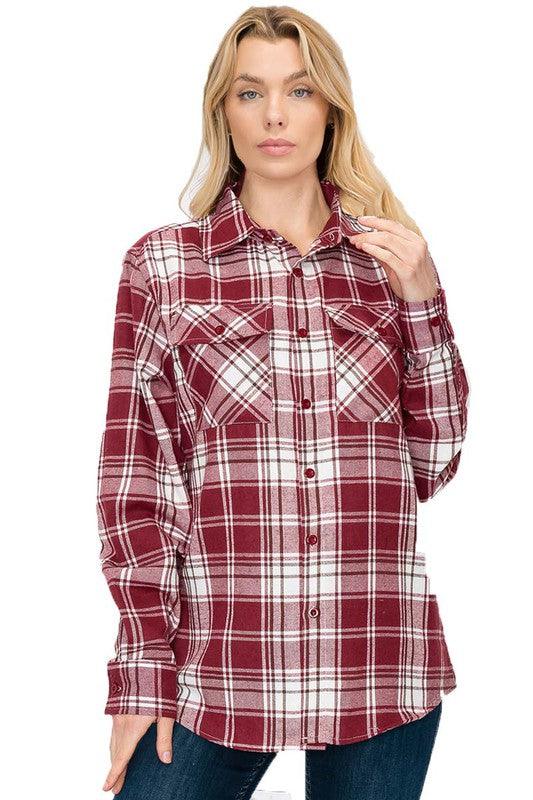 Boyfriend Fit Checker Plaid Flannel Shirt - Jacket