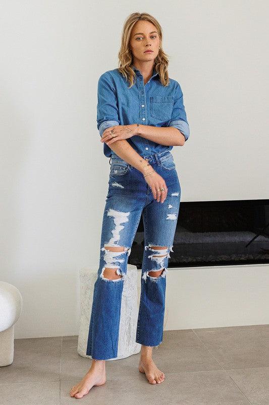 Distressed High Rise Ankle Relaxed Straight Jeans - Jeans