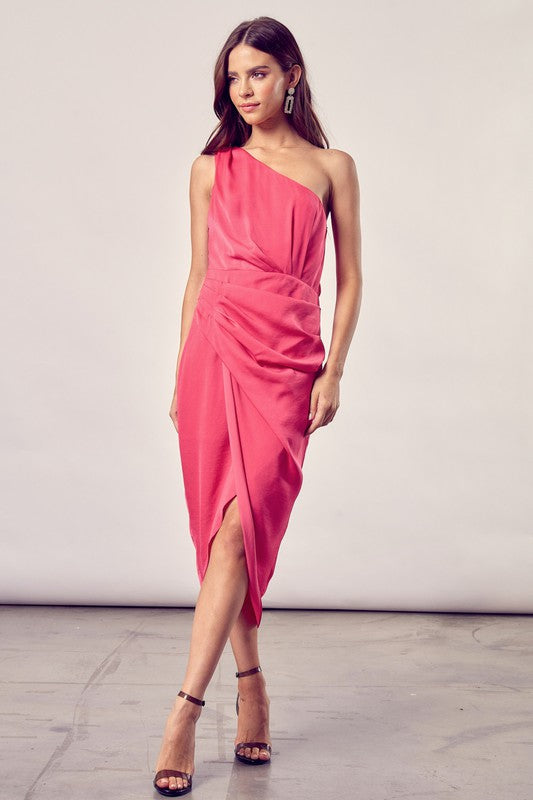 One Shoulder Wrap Midi Dress