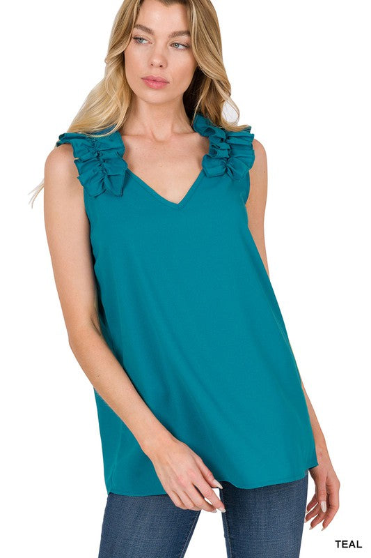 Zenana Woven Wool Dobby Ruffle Trim Sleeveless Top