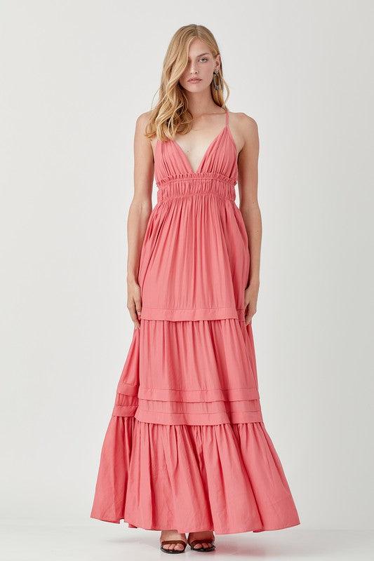 Shirred Ruffle Folded Detail Maxi Dress - Dresses