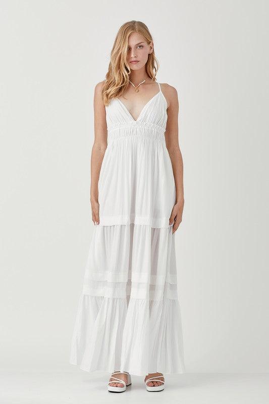 Shirred Ruffle Folded Detail Maxi Dress - Dresses