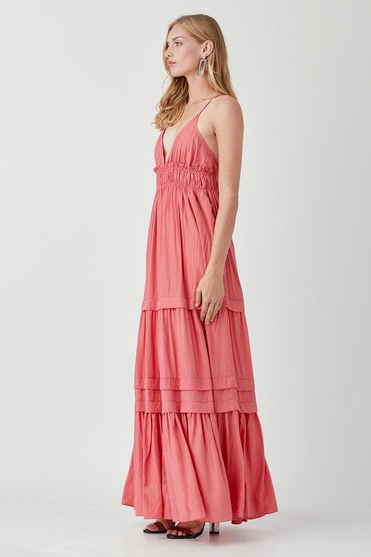 Shirred Ruffle Folded Detail Maxi Dress - Dresses