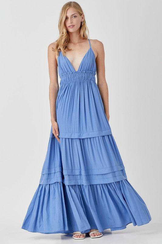 Shirred Ruffle Folded Detail Maxi Dress - Dresses