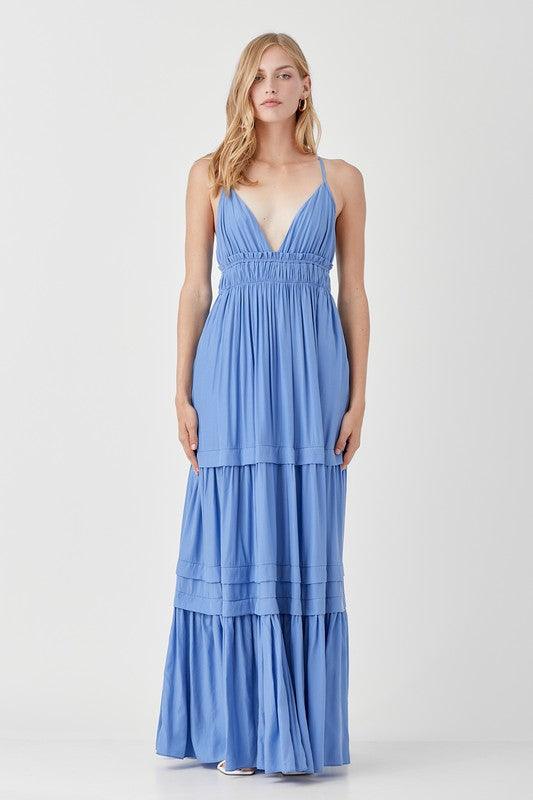 Shirred Ruffle Folded Detail Maxi Dress - Dresses