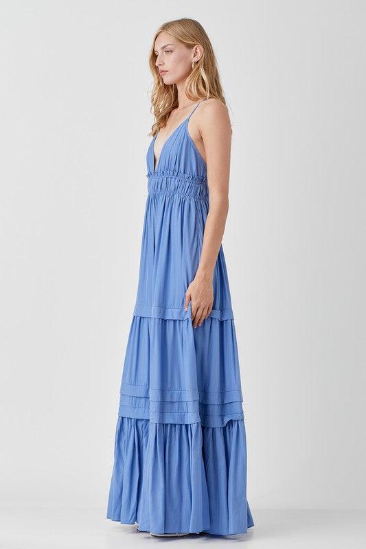 Shirred Ruffle Folded Detail Maxi Dress - Dresses