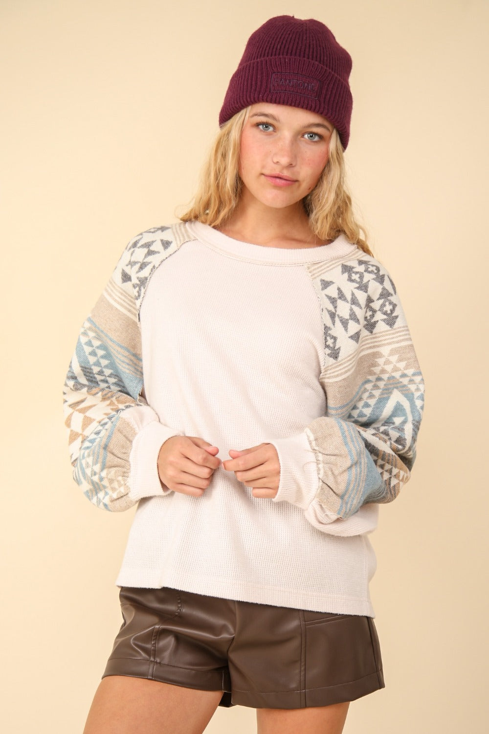 VERY J Aztec Long Sleeve Round Neck Knit Sweatshirt