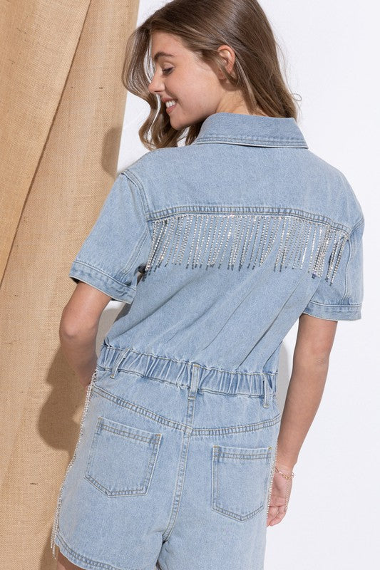 Blue B Rhinestone Fringe Washed Denim Romper