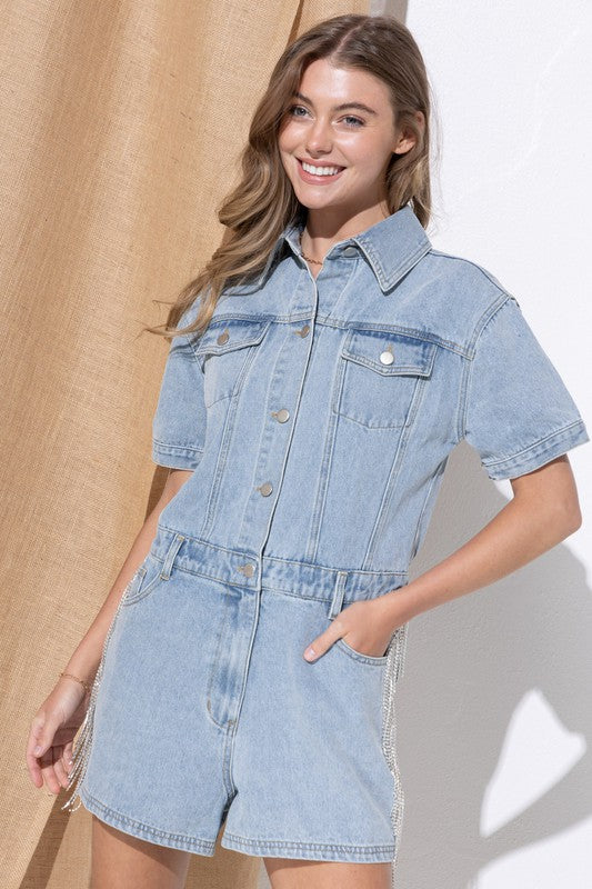 Blue B Rhinestone Fringe Washed Denim Romper