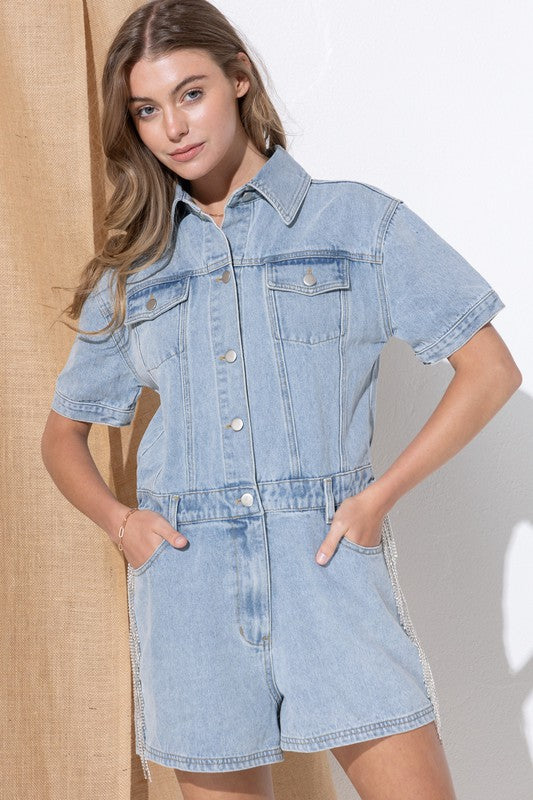 Blue B Rhinestone Fringe Washed Denim Romper