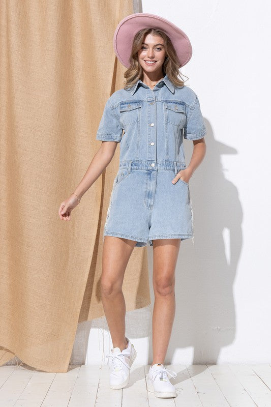 Blue B Rhinestone Fringe Washed Denim Romper