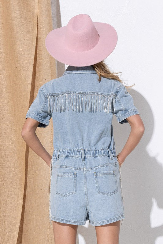 Blue B Rhinestone Fringe Washed Denim Romper