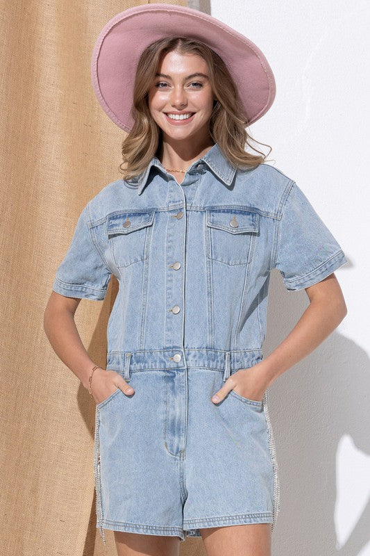 Blue B Rhinestone Fringe Washed Denim Romper