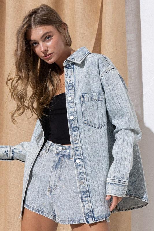 Blue B Sparkle Stone Stripe Denim Jacket - Jacket