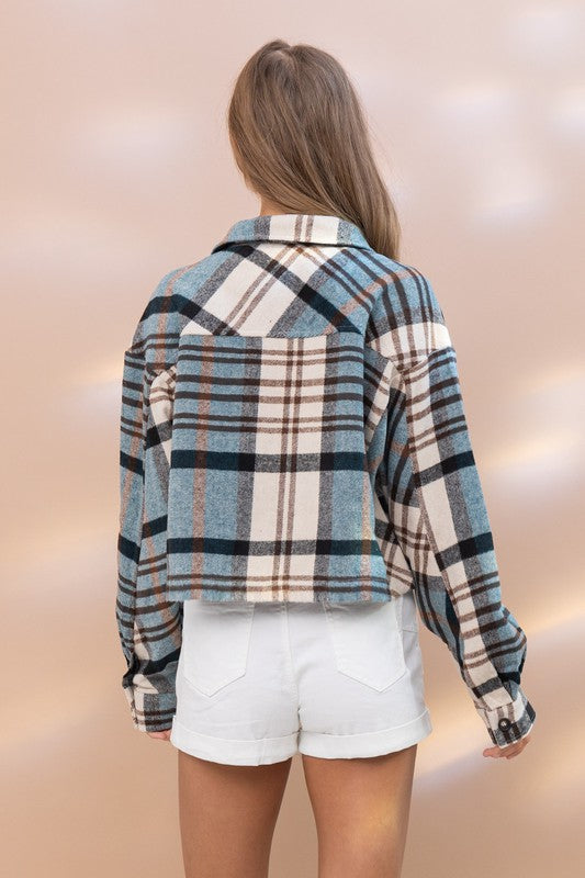 Blue B Plaid Crop Shirt Jacket