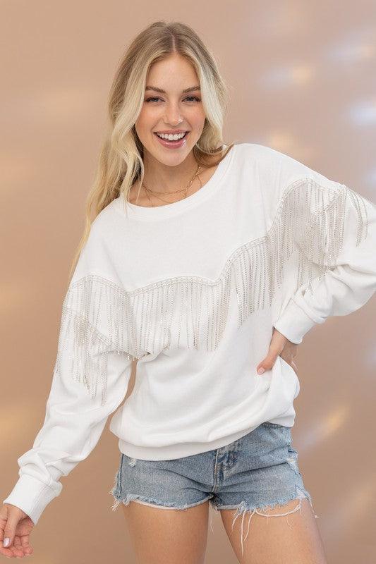 Rhinestone Fringe Pullover Top - Top