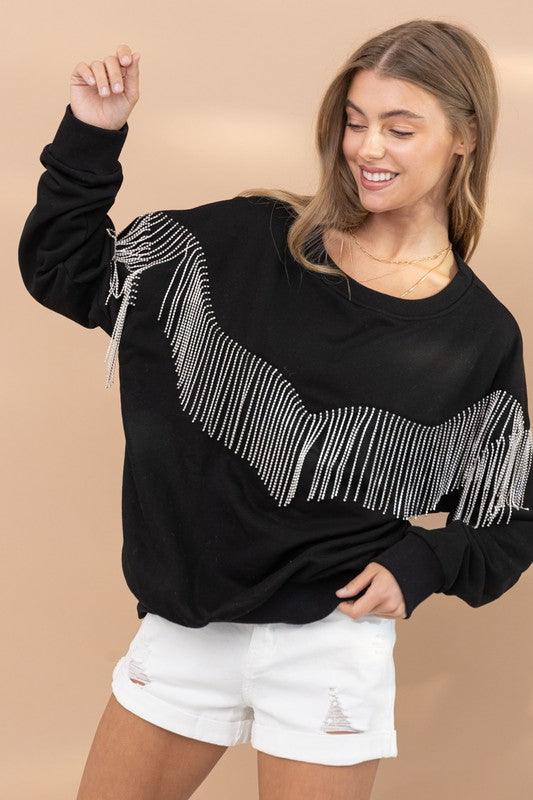 Rhinestone Fringe Pullover Top - Top