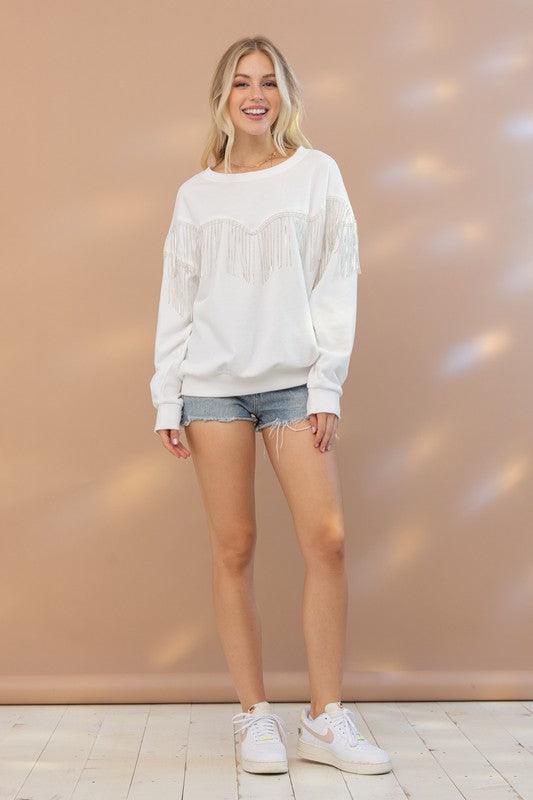 Rhinestone Fringe Pullover Top - Top