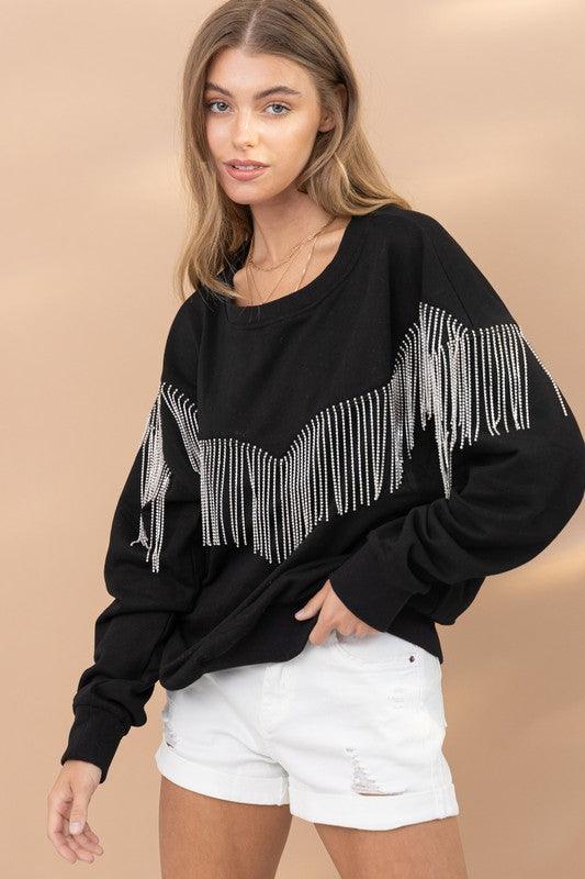 Rhinestone Fringe Pullover Top - Top