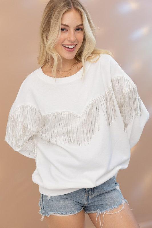 Rhinestone Fringe Pullover Top - Top