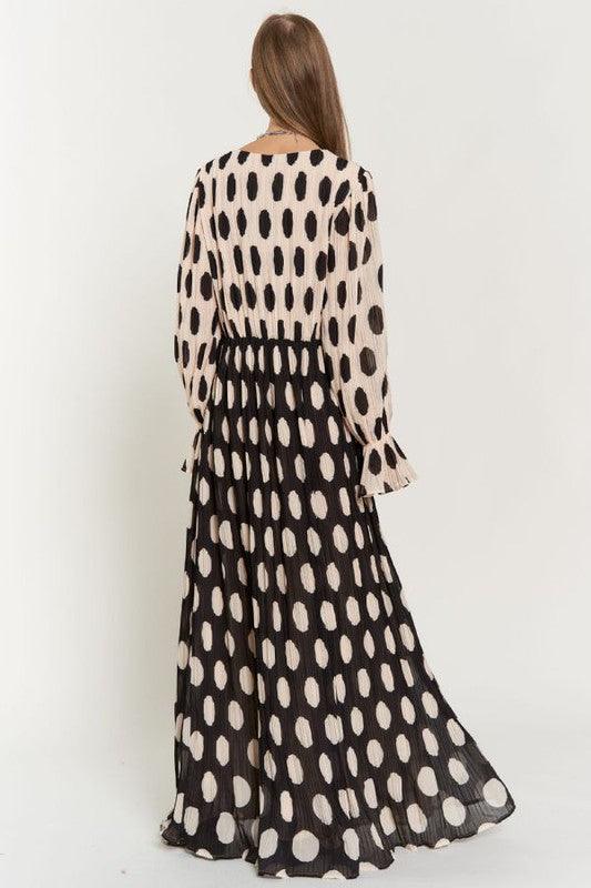 Polka Dot Ruffled Pleated Maxi Dress - 