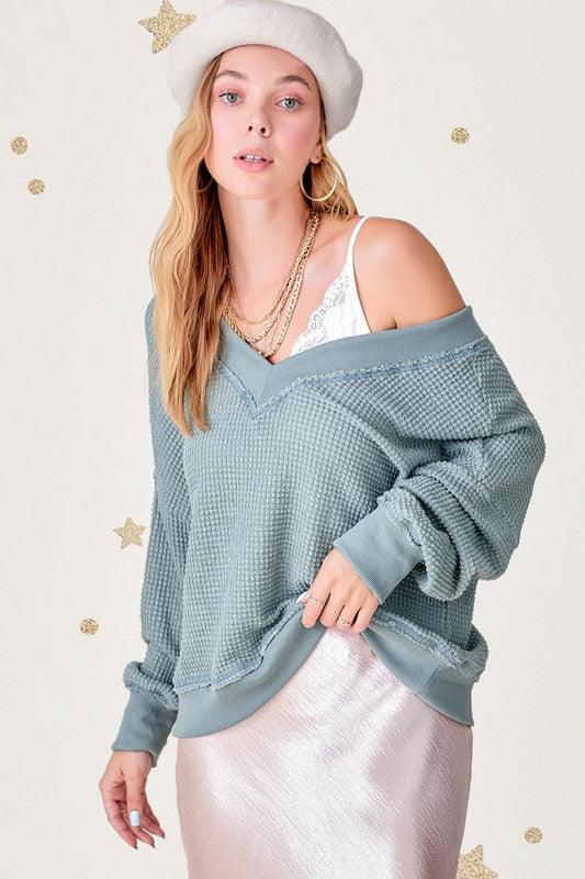 Holly V-Neck Waffle oversized Sweater - Sweater