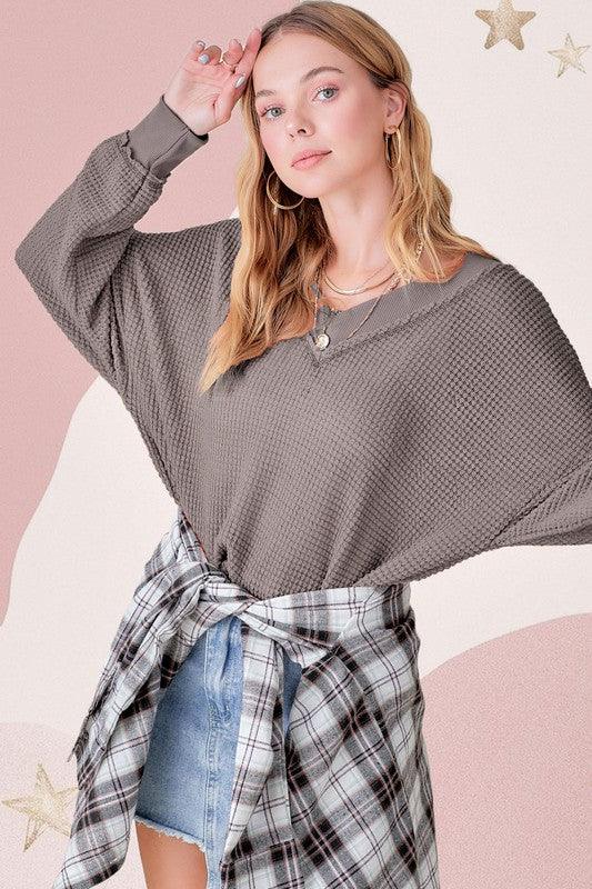 Holly V-Neck Waffle oversized Sweater - Sweater