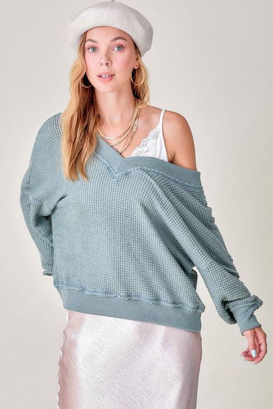 Holly V-Neck Waffle oversized Sweater - Sweater