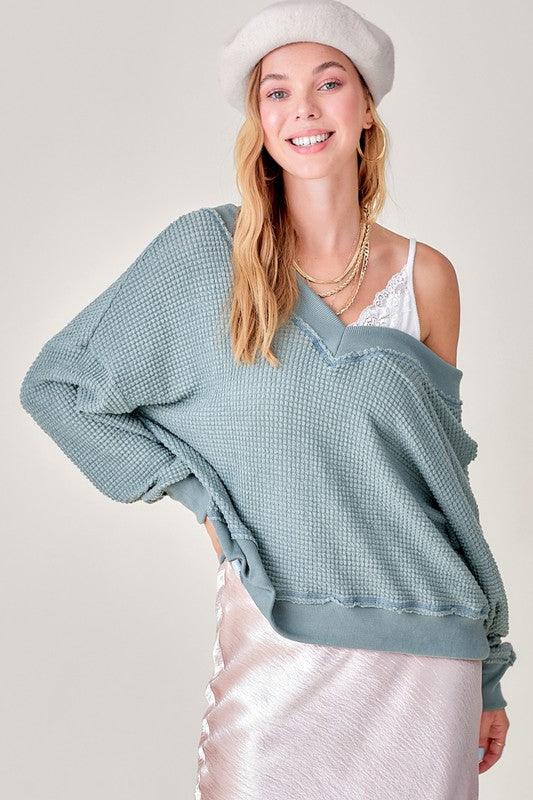 Holly V-Neck Waffle oversized Sweater - Sweater