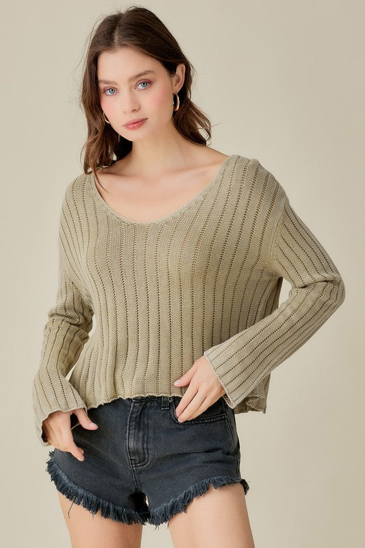 Mustard Seed V-Neck Washed Crop Sweater