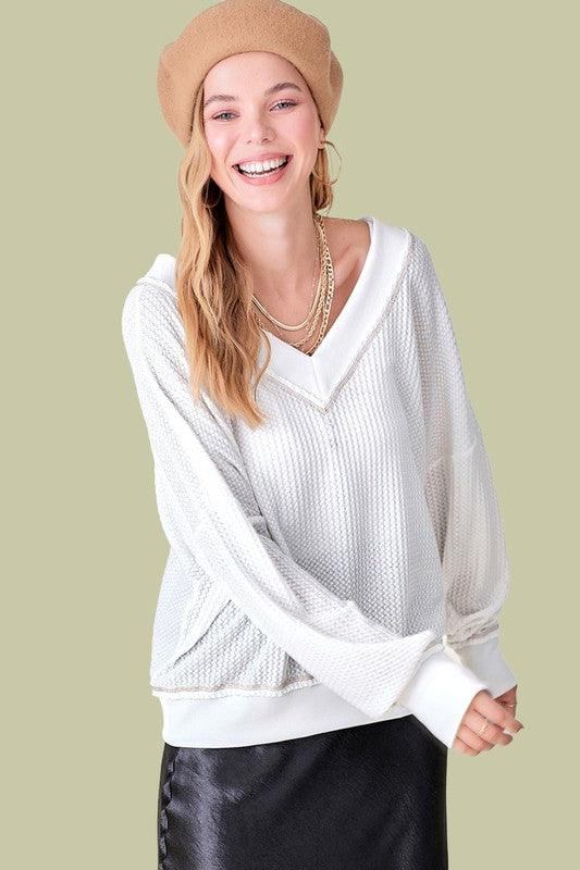 Holly V-Neck Waffle oversized Sweater - Sweater