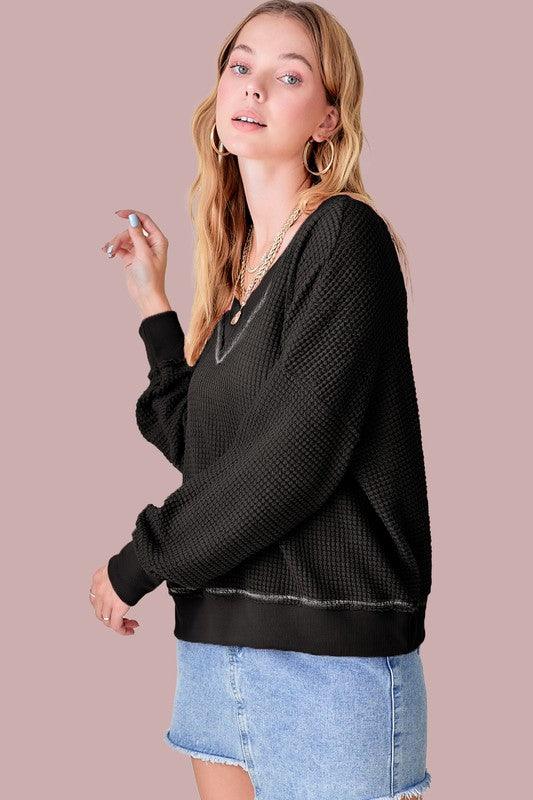 Holly V-Neck Waffle oversized Sweater - Sweater