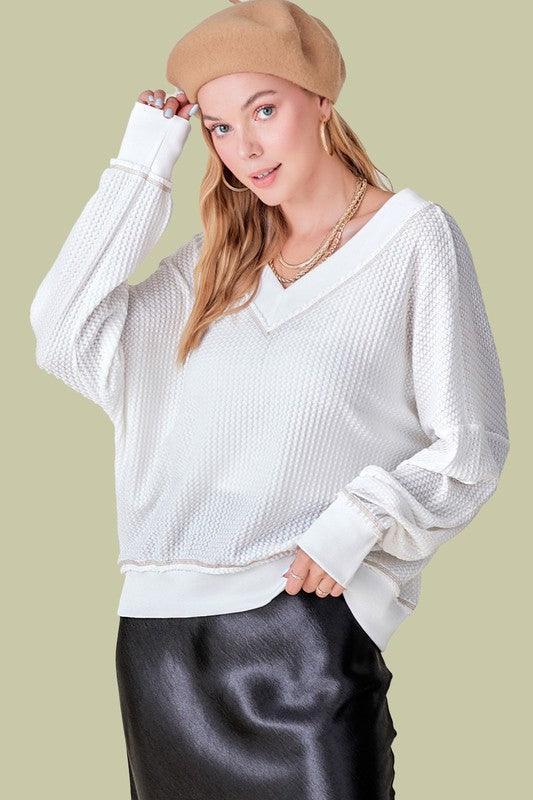 Holly V-Neck Waffle oversized Sweater - Sweater